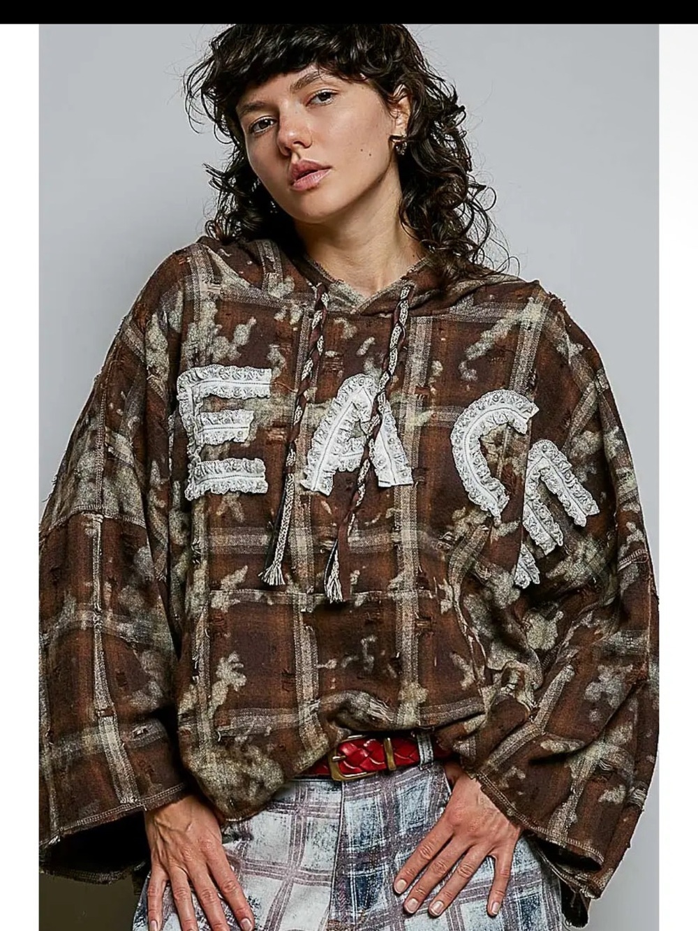 POL GRUNGE DISTRESSED OVERSIZED Brown Plaid Lace PEACE Letter Hoodie NWT